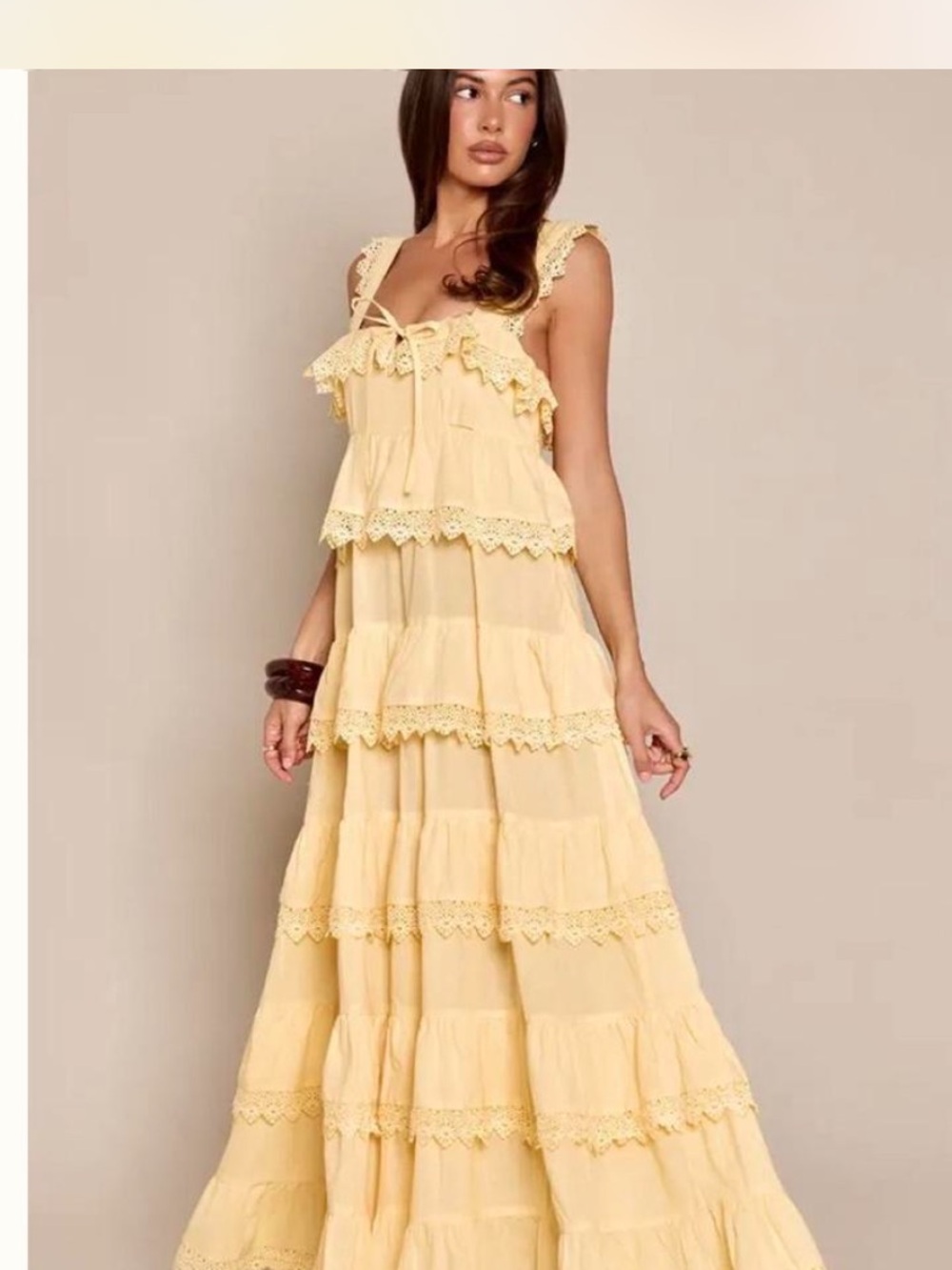 NWT Pretty Little Thing Lemon Tiered & Lace Boho Maxi Dress
